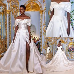 Graceful Side Split Wedding Dresses Off The Shoulder Bridal Gowns Pleated A Line Satin Sweep Train Vestido De Novia