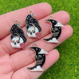 Gothic cartoon black crow small pendant alloy drip oil moon bird pendant keychain necklace DIY accessories