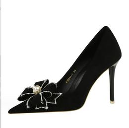 Pearl Bowknot Women Pumps Rhinestone High Heels Suede Stilettos Lady 10.5 Cm Luxury Banquet Shoes