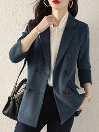 Women's Suits Black Elegant Office Blue High Quality Corduroy Suit Coat Long Sleeve Women Formal Blazer Jacket Autumn Brown Double Breasted