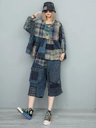 Women's Two Piece Pants Fashion Loose Old Cloth Long Sleeve Pullover O-neck Elastic Waist Calf-length Two-piece Autumn Vintage Suit