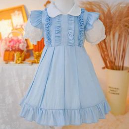 Girl Dresses Sweet Kawaii Doll Collar Short Puff Sleeve Dress For Baby Girls 2023 Summer Pleated Stitching Cute Casual Princess Y199