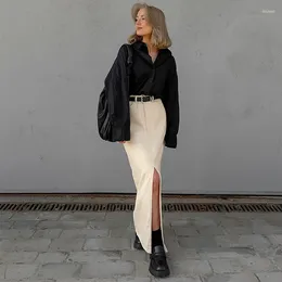 Skirts Alieneon Khaki Slit Office Straight Long For Women High Waist Elegant Pockets Vintage Cargo Skirt Korean Fashion Casual