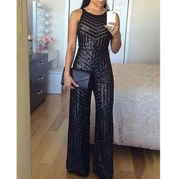 Sleeveless Wide Leg Jumpsuit for Women Elegant Glitter Round Neck Sleeveless Sequins Jumpsuit Sexy Night Club Party Overalls251Q