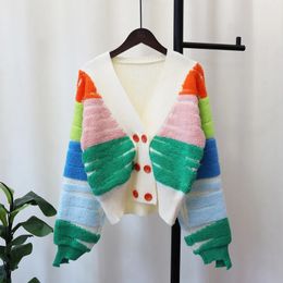 Womens Knits Tees Women Rainbow Striped Colorful Cardigan Fall Winter Sweater VNeck Knit Tops Dopamine Outfit 231018