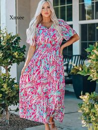 Party Dresses 2023 Summer Fashion Short Sleeve Floral Beach Long Dress Bohemian V-Neck Oversized Maxi Vintage Chic Women Loose
