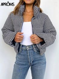 Women's Down Aproms Elegant Black White Plaid Cropped Parkas Women 2023 Winter High Neck Puffer Jacket Thick Coat Warm Padded Short