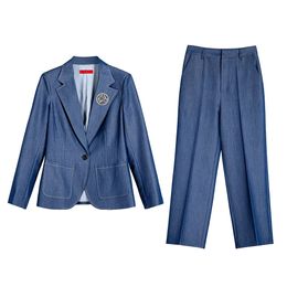 Womens Two Piece Pants Autumn Twopiece Set Suit Blue Elegant Jean Legging Blazer Business Coat 2 Sets Female Trouser Suits 231018