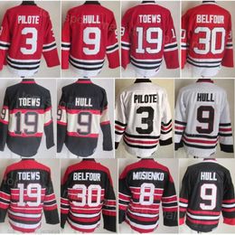 Man Retro Hockey 30 Ed Belfour Jerseys 19 Jonathan Toews 3 Pierre Pilote 9 Bobby Hull 8 Bill Mosienko 1 Glenn Hall Vintage Classic Embroidery And Sewing Retire Sale