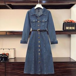 Casual Dresses Large Size Women Denim Dress Spring Autumn Long Sleeved Lapel Blue Jean Fashion Ladies Single-Breasted