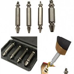 Drill Bits 4Pcs/Set Screw Extractor Drill Guide Set Broken Bolts Fastner Easy Out Wood Bolt Stud Tool Kit With A Plastic Box Home Gard Dhceh