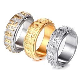 Sanskrit Buddhist Mantra Ring For Men Women Rotatable Gold Silver Color 316L Stainless Steel Buddhism Jewelry Drop Band Rings246z
