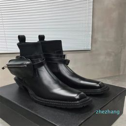 2023-High quality women's Boots Black Leather thick low heel square toe cap