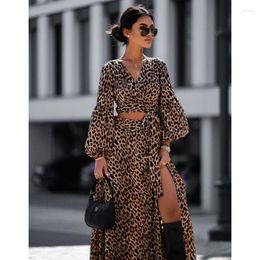 Work Dresses Women Suit 2023 Autumn Lantern Sleeves V-Neck Lace Up Sexy Slim Fit Top High Waist Split Fashion Leopard Print Two Piece Set