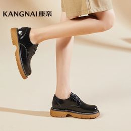 Dress Shoes Kangnai Oxfords Women Cow Leather Shoes Lace-Up Round Toe Platform Flats Ladies Retro Chunky Heels Loafers 231018