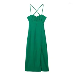 Casual Dresses YENKYE 2023 Women Vintage Linen Blend Corset Green Sling Dress Sexy Backless Front Slit Ladies Holiday Summer Midi Robe