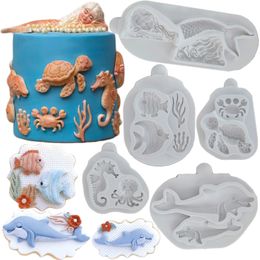 Baking Moulds Ocean Mermaid Dolphin Turtle Seahorse Fish Silicone Mould Fondant Cake Decorating Mould Clay Sugarcraft Chocolate Tool 230819