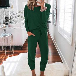 Women's Sweaters Women Fashion O-neck Solid Pullover Long Sleeve Bandage Loose Pants Sweatsuits Suits Set For