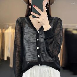 Women's Knits Sunscreen Ice Silk Cardigan V-Neck Long Sleeve Loose Knitted Top Solid Transparent Air Conditioned Shirt N127