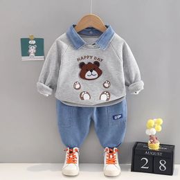 Clothing Sets Boys' suit 2022 new baby fake Lapel long sleeve top two piece suit spring and autumn gentleman boys' jeans suit 231019