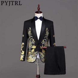 PYJTRL Men Fashion Gold Embroidery Suits White Black Red Prom Dress Stage Singers Costume Wedding Groom Tuxedo Jacket With Pants X271K