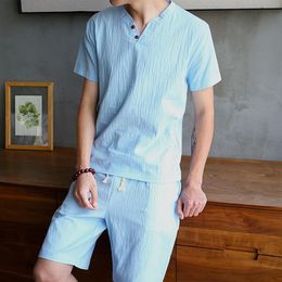 2PCS Summer T Shirts Cotton Linen Set Men Casual Tracksuit Chinese Style Korean Fashion printing Clothing288Q