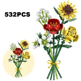 Creative Romantic Sunflower Rose Bouquet Building Blocks Flower Eternal Home Desk Plant Decoration Assemble Bricks Toy Girl Gift 231018