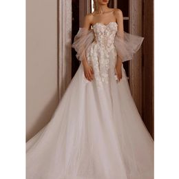 Luxury Appliques Wedding Dresses Split A-Line Bride Gow With Bow Swoop Train Bride Dress Robe De Mariee