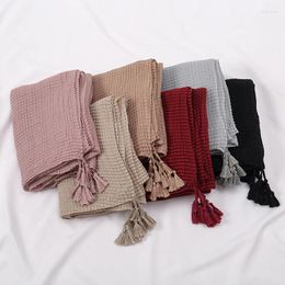 Ethnic Clothing Crinkle Pleated Hijab Scarves Women Muslim Shawls Headscarf Wraps Solid Scarf With Tassel Islamic Turban Headband Foulard