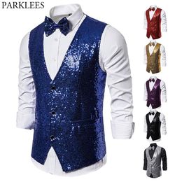 Shiny Royal Blue Sequin Dress Vests Men Slim Fit V Neck Glitter Tuxedo Waistcoat Mens Wedding Party Stage Prom Vest with Bowtie257L