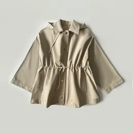 Women's Trench Coats 2023 Autumn Hooded Drawstring Short Wide Sleeve Hidden Button Loose Adjustable Waist Retro Elegant Coat Women