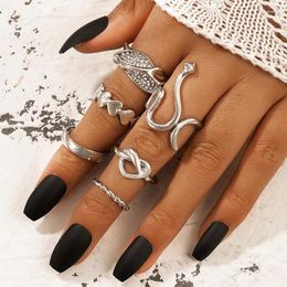 Cluster Rings HuaTang 6pcs/set Charms Snake Joint Ring Set For Women Men Cute Heart Leaf Hollow Out Geometry Silver Color Jewelry Anillo