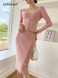 Two Piece Dress Women Knitted Sets Sexy Long Sleeve Sweater Cardigan And High Waist Pencil Skirt Suits C115 231018