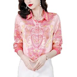 Vintage Silk Women Blouses Designer Top Long Sleeve Print Lapel Runway Button Up Formal Shirts 2023 Spring Fall Elegant and Youth 333h