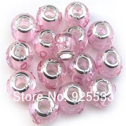 Mix Colour Charms 14mm Glass 925 Stering Silver Plated Core Pink Silk Ribbon Big Hole Loose Beads fit European Jewellery Braclet Char235i