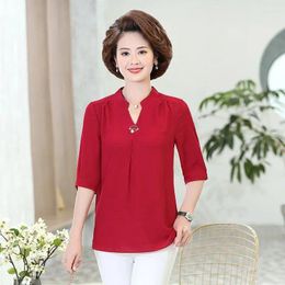Women's Blouses 2024 Fashion Spring Summer Shirt Oversized Solid Colour V-neck Top Short-sleeved Chiffon Mom Suit
