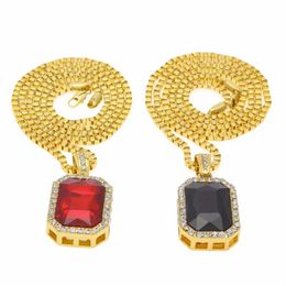 Micro Ruby Red Black Square Pendant set 2 4mm 24 Box Chain Gold Tone Iced Out Necklace hiphop gold chains for men women218Q