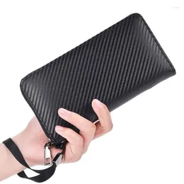 Wallets Stylish Men's Wallet With Carbon Fibre Texture Long Size Solid Colour And Zipper Closure Mens