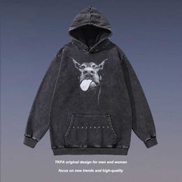 Men's Hoodies Sweatshirts Tkpa High Street Dark Doberman Print Made Old Hooded Sweater Hip Hop Hoodie Men