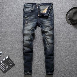 Italian Fashion Designer Men Jeans High Quality Classical Brand Jeans Men Slim Fit Dark Color Ripped Homme Biker247U
