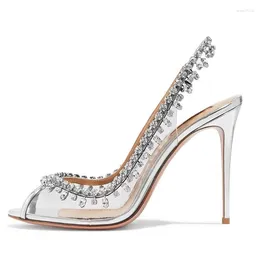 Dress Shoes Big Size 47 Western Peep Toe Clear PVC Women Summer Stiletto Sandals High Thin Heels Rhinestone Pumps