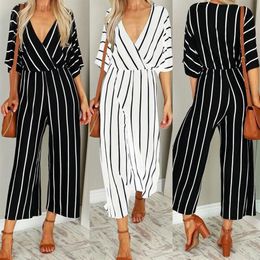 Women Short Sleeve Striped Casual And Loose Ultrathin Baggy Trousers Overalls Romper Summer Jumpsuit Women's Jumpsuits & Romp247a