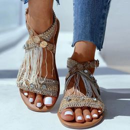 Sandals Summer Women's Bohemia Tassel Beaded Flat-bottomed Ankle Buckle Retro Casual Flat Beach Gladiator Shoes Sandalias#35