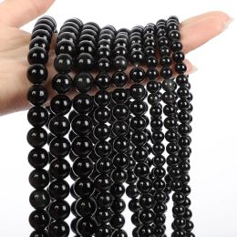 Smooth Natural Stone Beads Black Obsidian Round Bead For Jewelry Making DIY Charm Bracelets Necklace Accessories