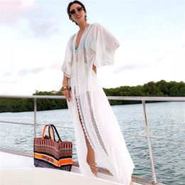 Ashgaily 2020 Beach Dress Cover up Tunics for Beach Long Bikini Cover up Solid embroidery Sarong Beach Swimsuit coverup Y200706239M