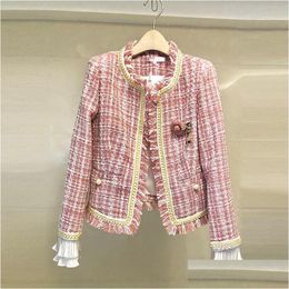 Womens Jackets High Quality Pink Plaid Women T Overcoat 2022 Spring Tassel Beading Long Sleeve Jacket Coat Fashion Runway Coats Dro