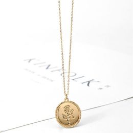 SRCOI Dainty Gold Colour Rose Necklace Pendant Round Coin Geometric Chain Choker Necklace Women Party Medallion Fashion Jewelry2369