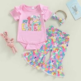 Clothing Sets Easter Baby Girl Clothes Set Letter Print Short Sleeve Crew Neck Romper Colourful Eggs Flare Pants Headband 3Pcs