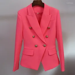 Women's Suits HIGH STREET Classic Designer Blazer Metal Lion Button Double Breasted Jacket Fluorescent Orange Pink