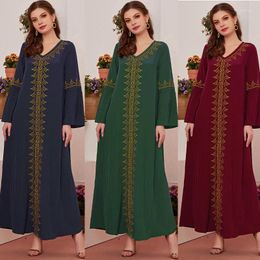 Ethnic Clothing 2023 Eid Morocco Party Dress Solid Color Horn Long Sleeve Muslim Woman Retro Loose Embroidered Ladies Caftan